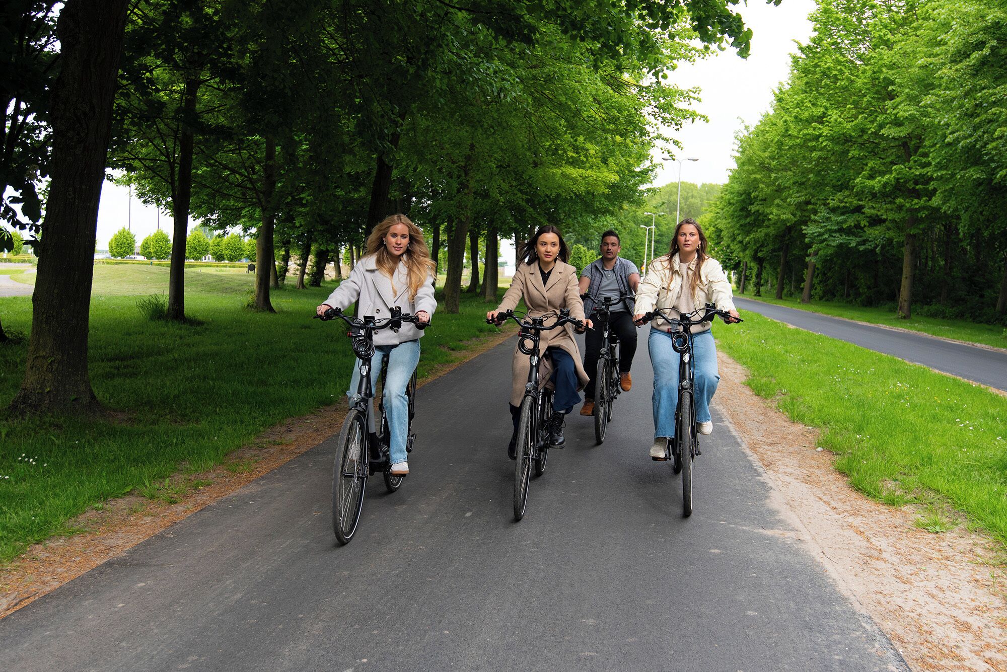 Um caminho pavimentado com árvores de ambos os lados, ideal para andar de bicicleta.