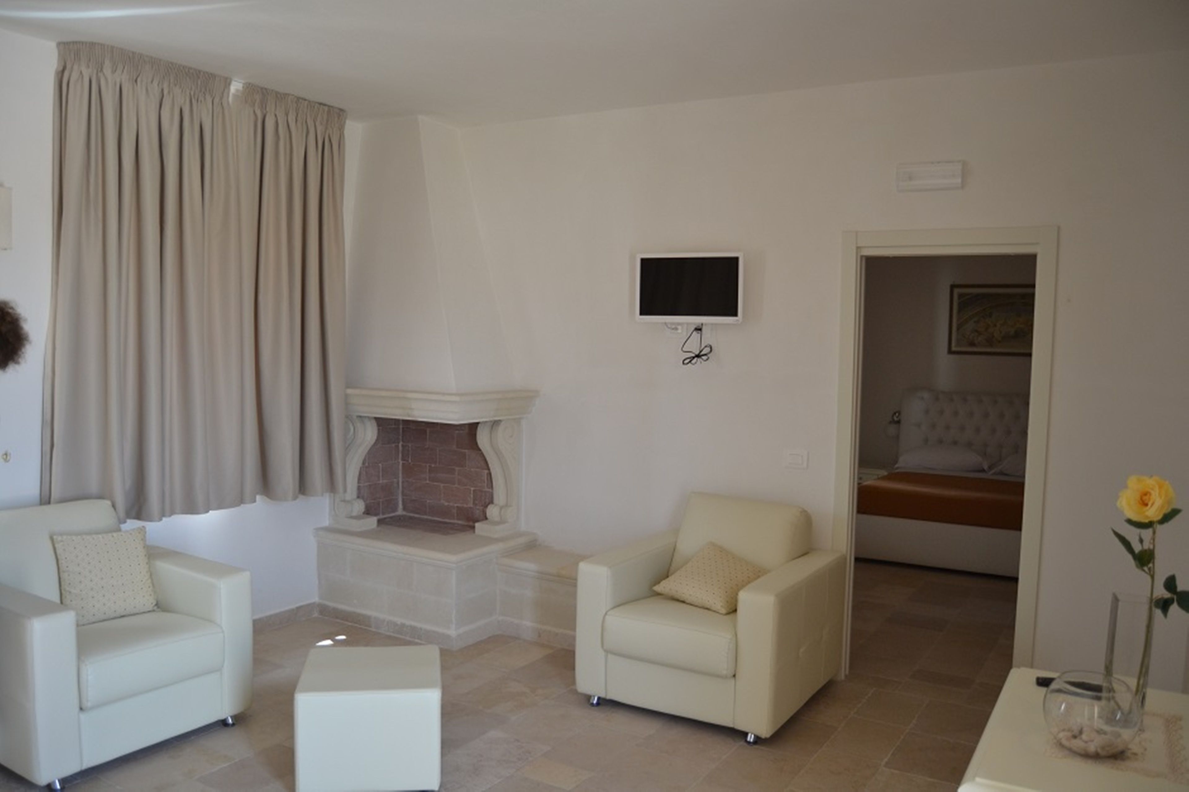 A living room with two sofas, a fireplace, a television, and a bed in the background.