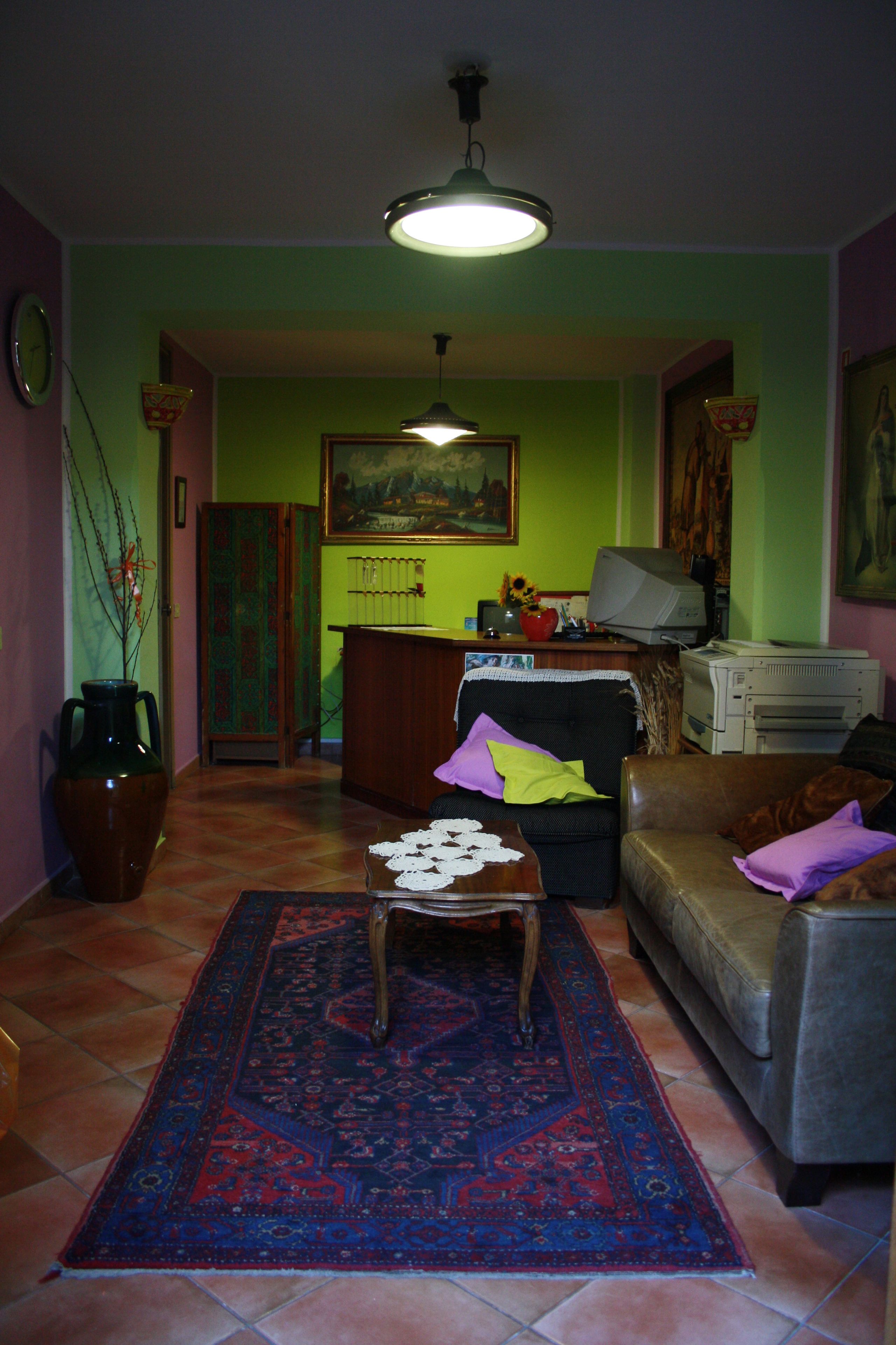 A living room with a patterned rug, a sofa, a coffee table, and a television.