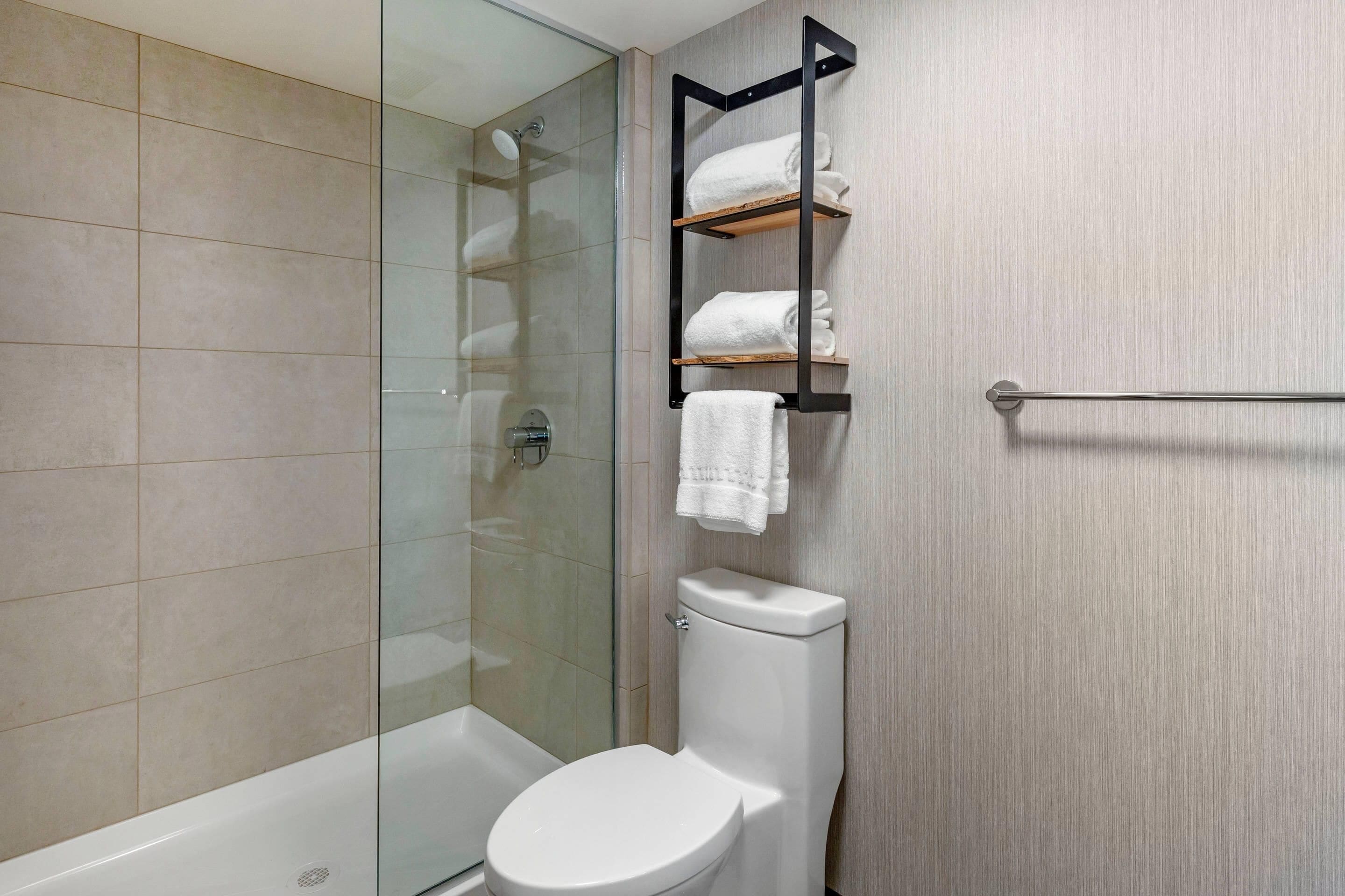 A modern bathroom with a glass-enclosed shower, a white toilet, and a towel rack with neatly folded towels.