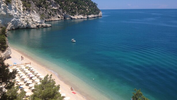 A coastal beach with clear waters, a boat, and umbrellas. - Baia Delle Zagare - Handwritten Collection (Mattinata)