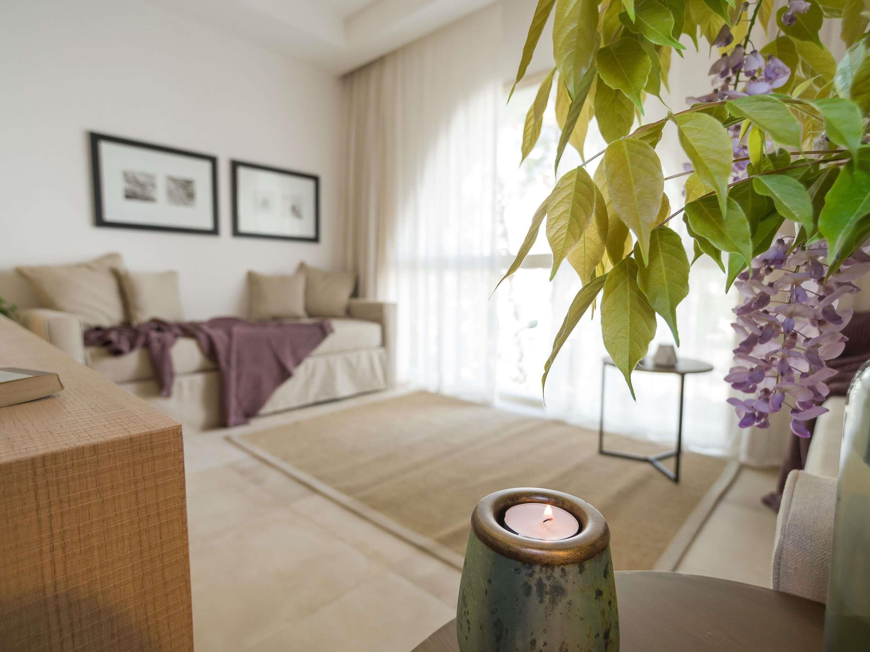 A living room with a sofa, a coffee table with a candle, and a hanging plant.