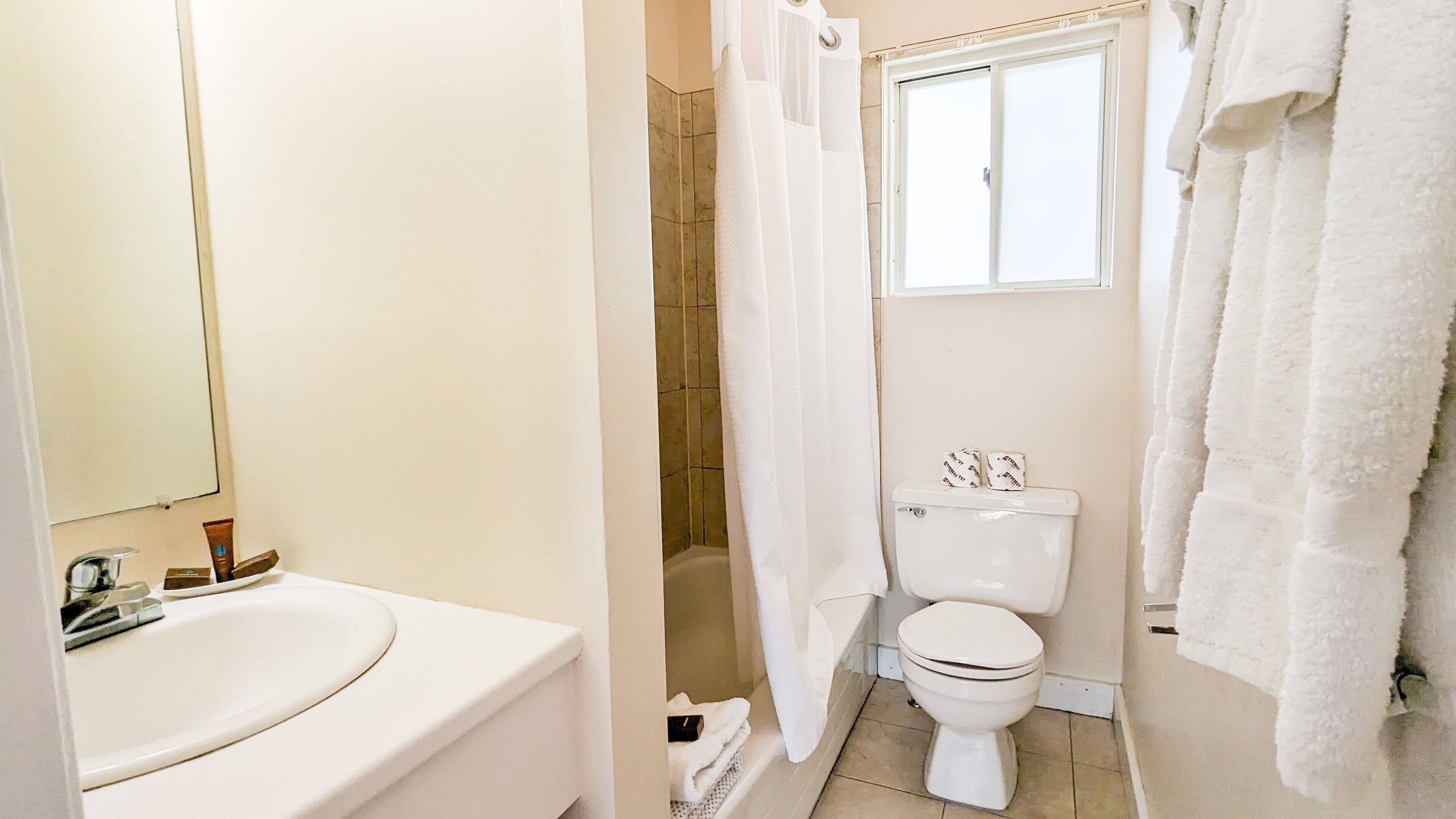 Ein Badezimmer mit Toilette, Waschbecken und Duschbereich.