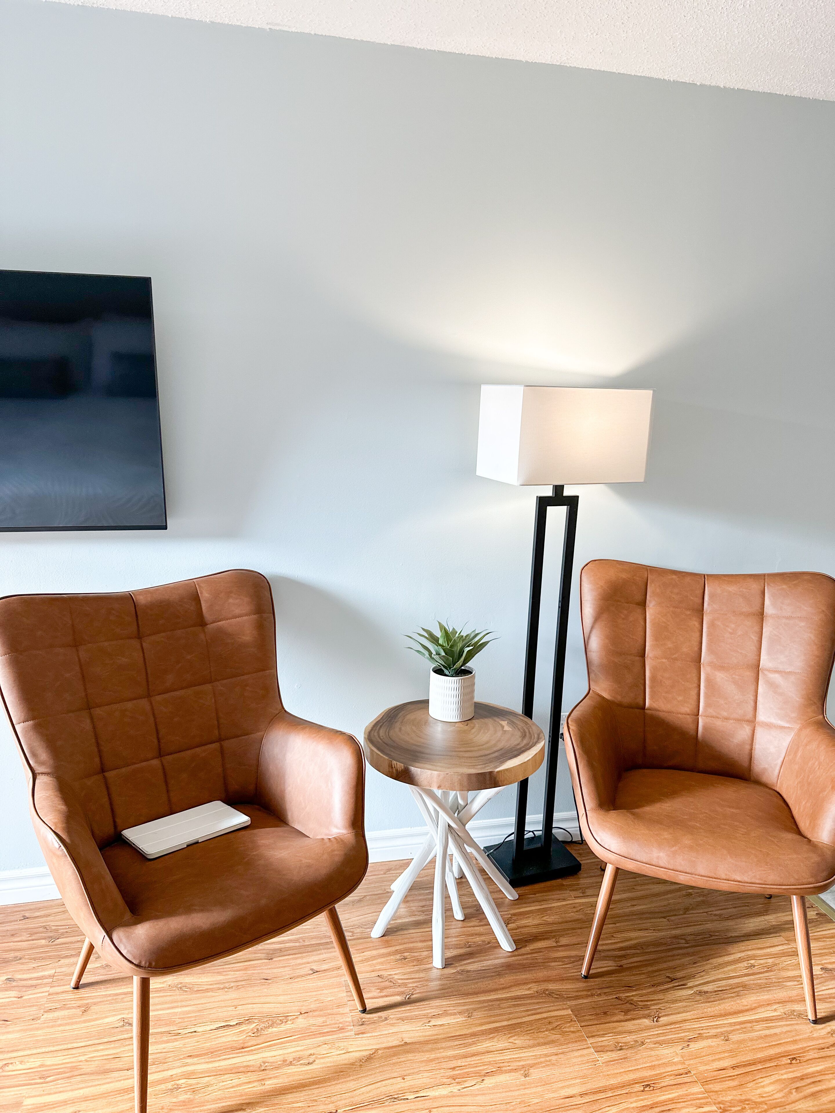 A room with two brown leather chairs, a small round wooden table with a potted plant, and a floor lamp.