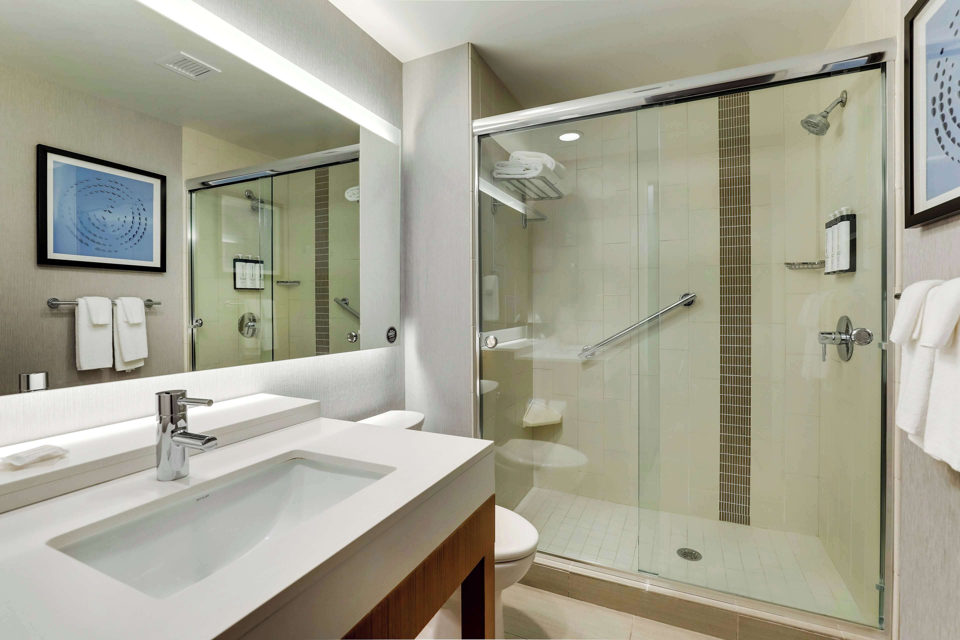 designer toiletries, hair dryer, towels, soap