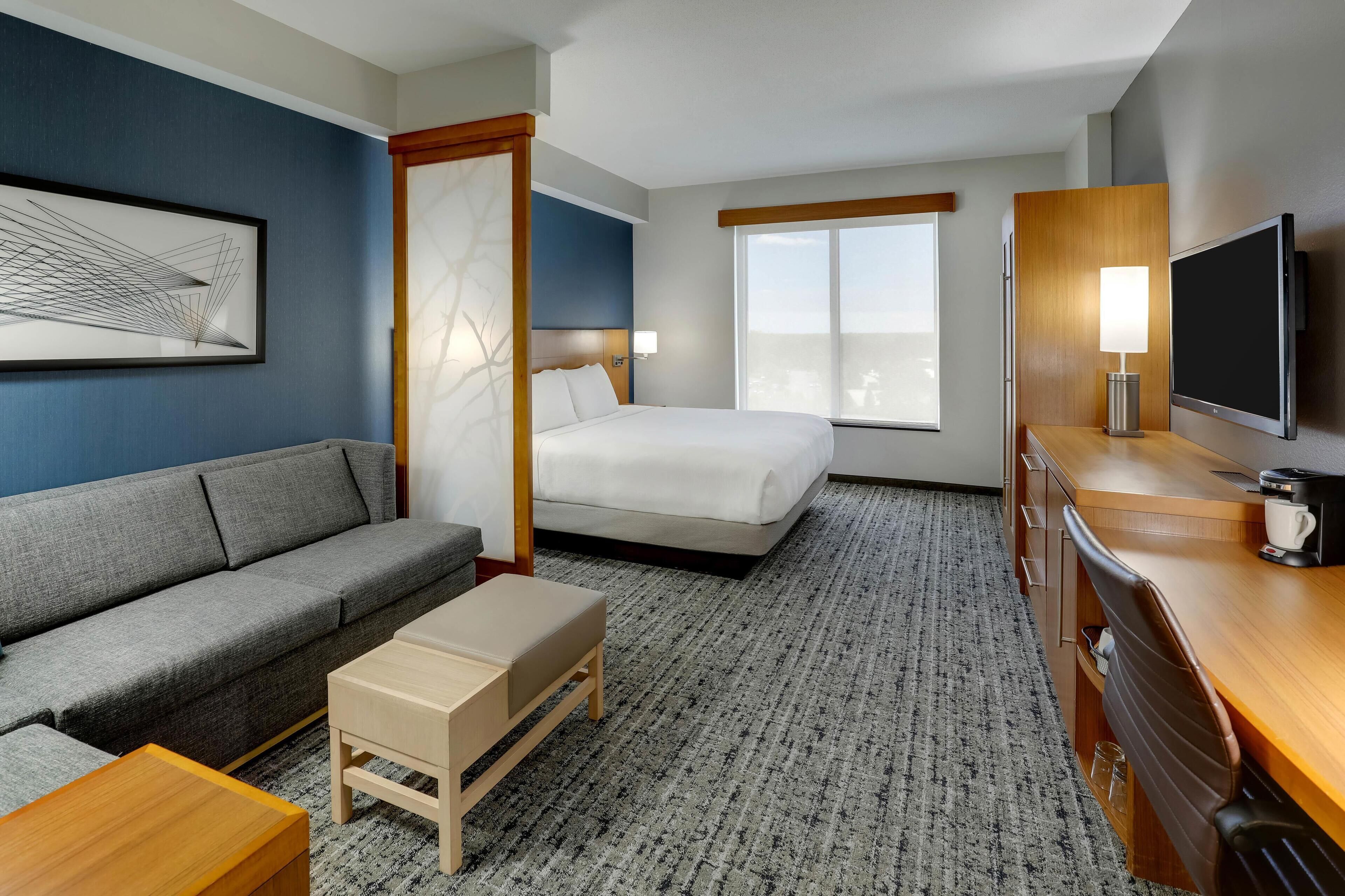 A hotel room with a bed, a sofa, a desk, a TV, and a window.