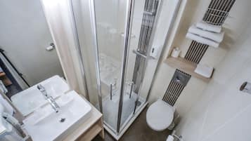 A modern bathroom with a glass-enclosed shower, a sink with a mirror, and a toilet.