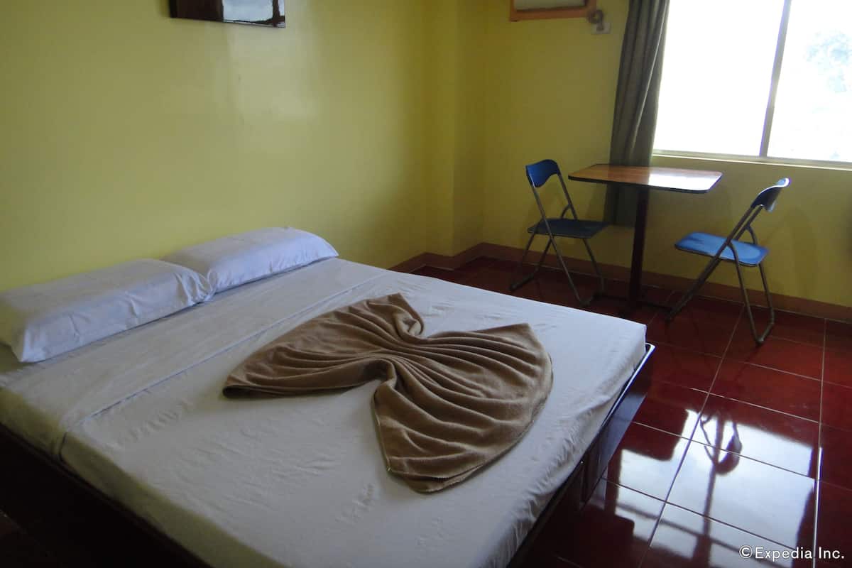 A room with a bed, two chairs, a small table, and a window with curtains.