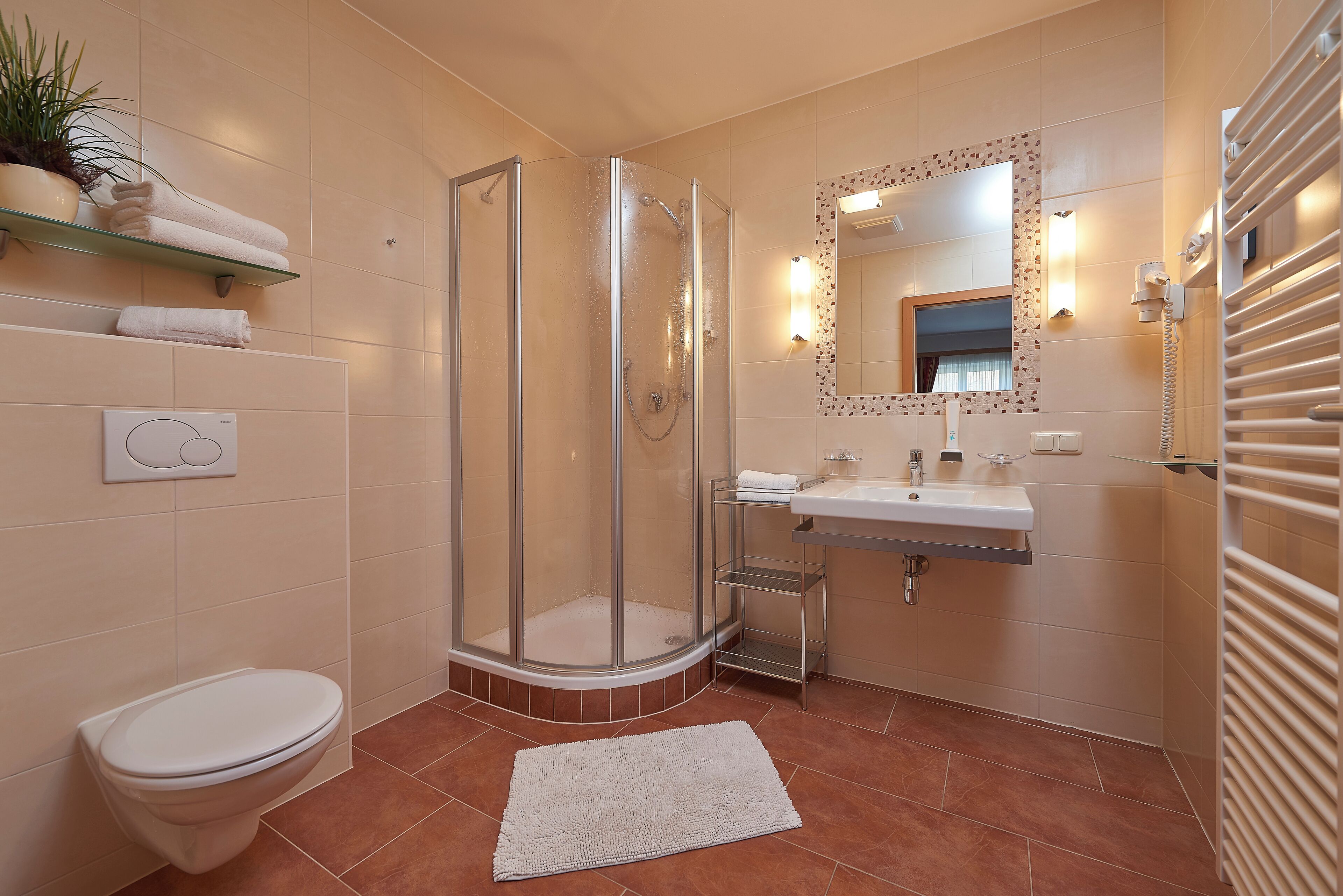 shower, hair dryer, bathrobes, towels