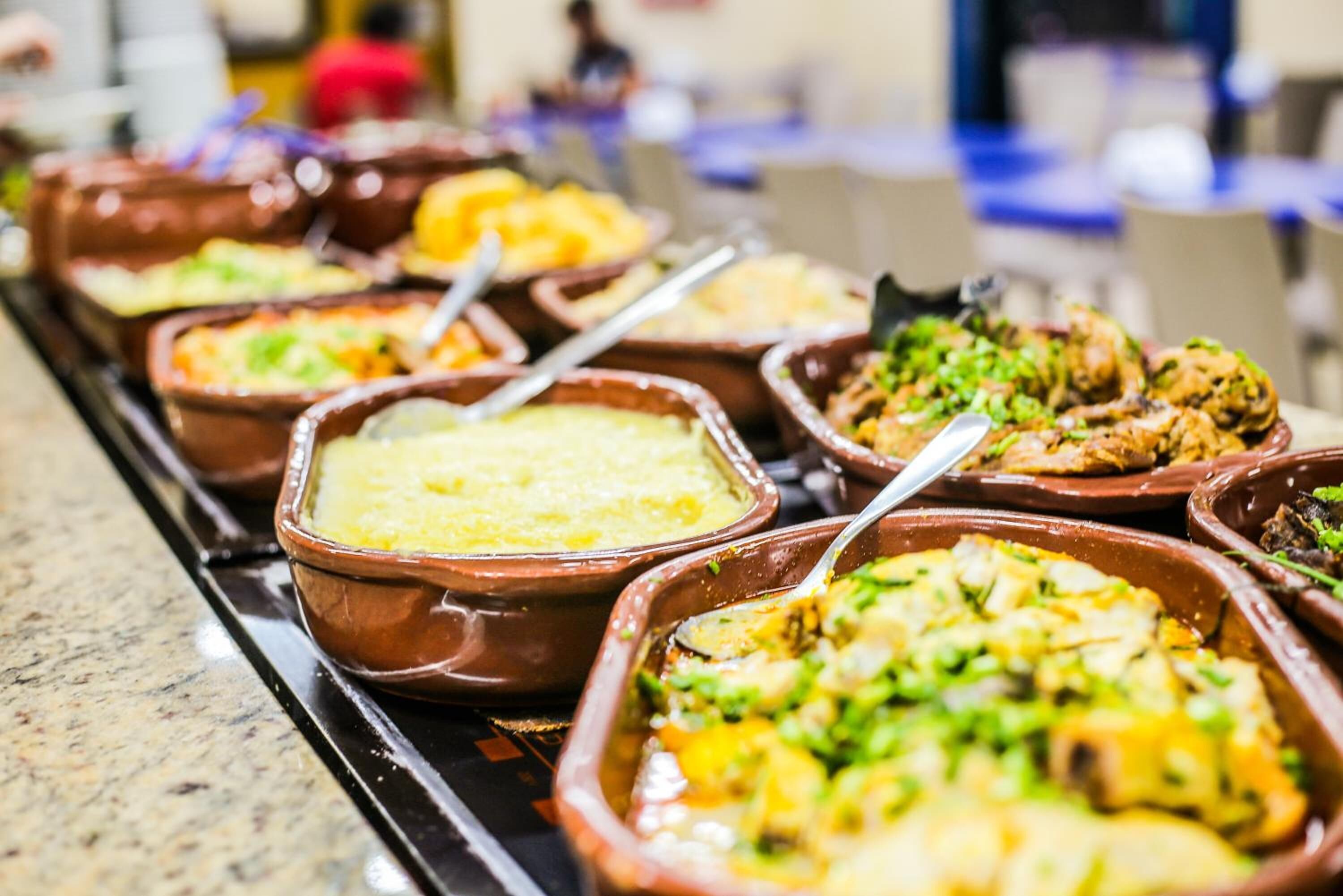 A buffet with various dishes in ceramic bowls, including a creamy casserole and a dish with vegetables and meat.