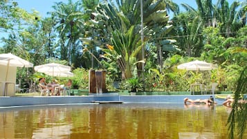 Una piscina al aire libre, sombrillas, tumbonas