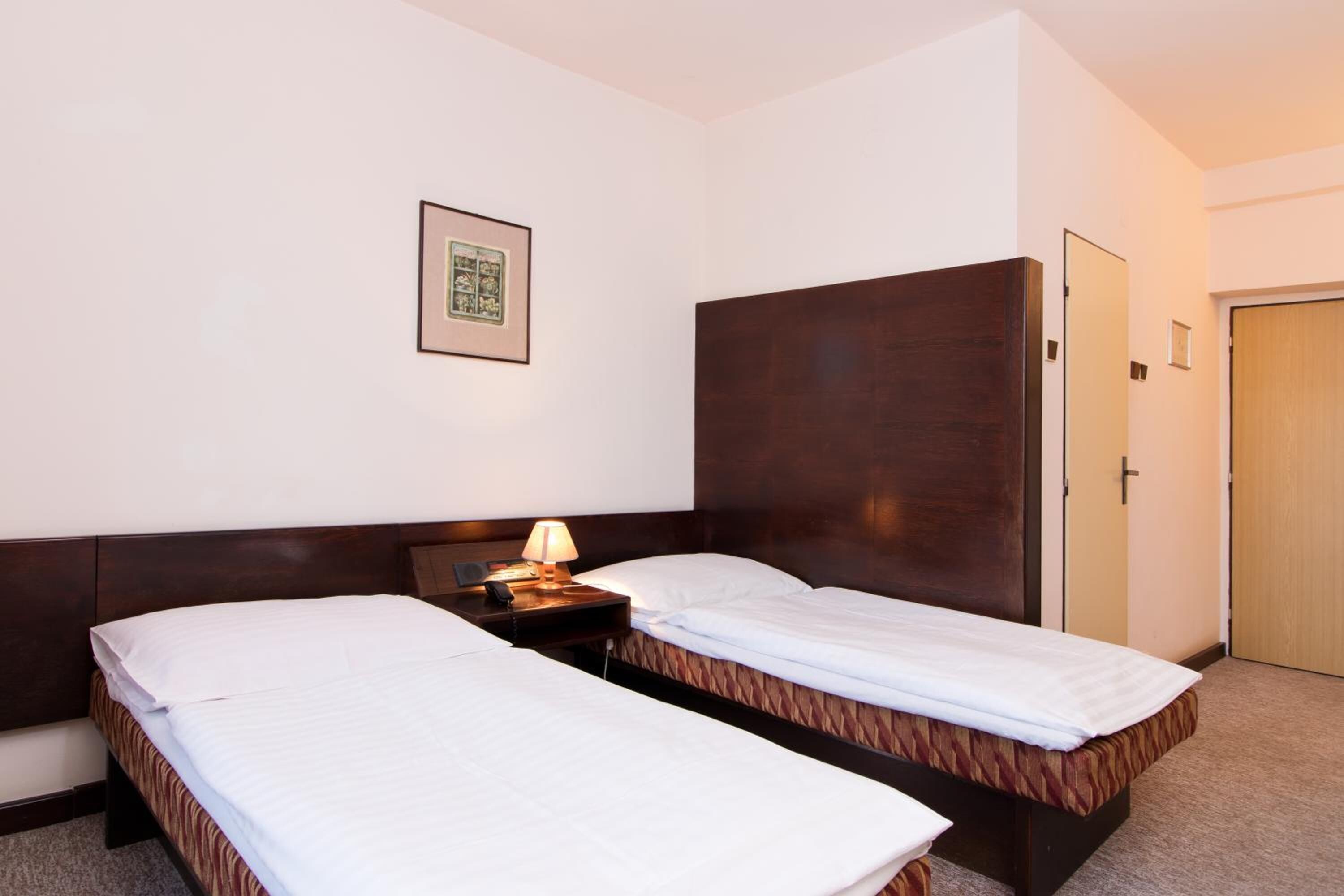 Habitación de hotel con dos camas individuales, cabecero de madera, lámpara de noche e imagen en el marco en la pared.