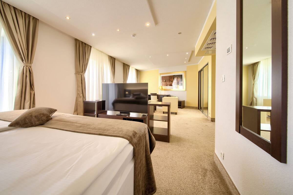 Een hotelkamer met een groot bed, een bureau, een televisie en uitzicht op de gang.