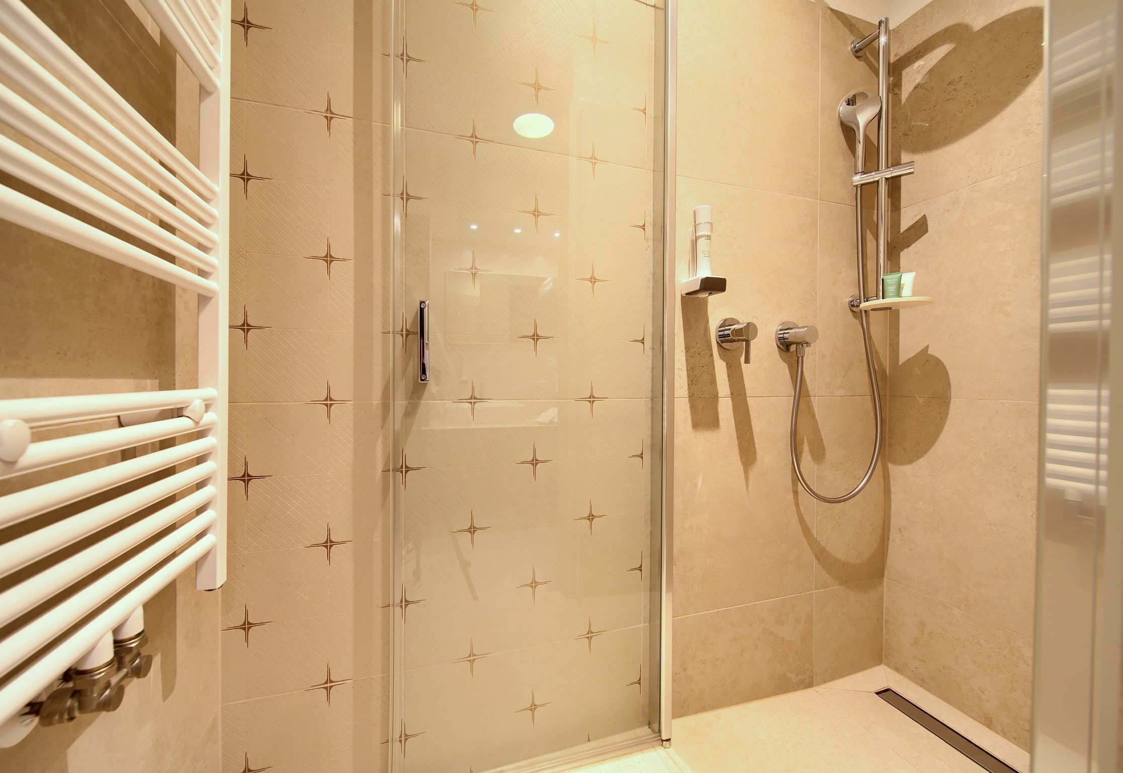 A glass-enclosed shower with a handheld showerhead, a wall-mounted faucet, and a shelf with toiletries.