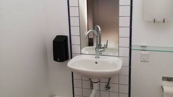 A bathroom with a white sink, a mirror, a glass shelf, a trash bin, and a toilet.