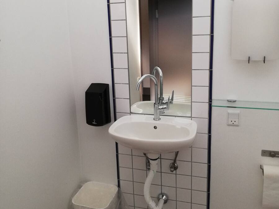 A bathroom with a white sink, a mirror, a glass shelf, a trash bin, and a toilet.