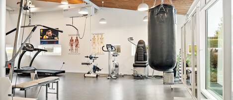 Een moderne sportschool met trainingsapparatuur, een bokszak en grote ramen.
