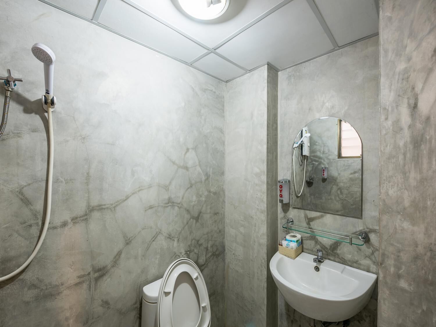 shower, slippers, towels, shampoo