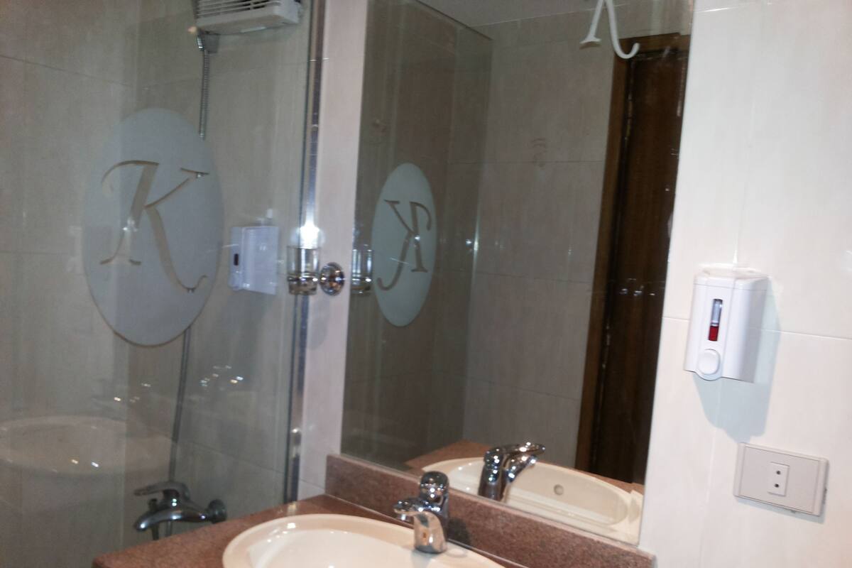 Combined shower/tub, free toiletries, hair dryer, towels