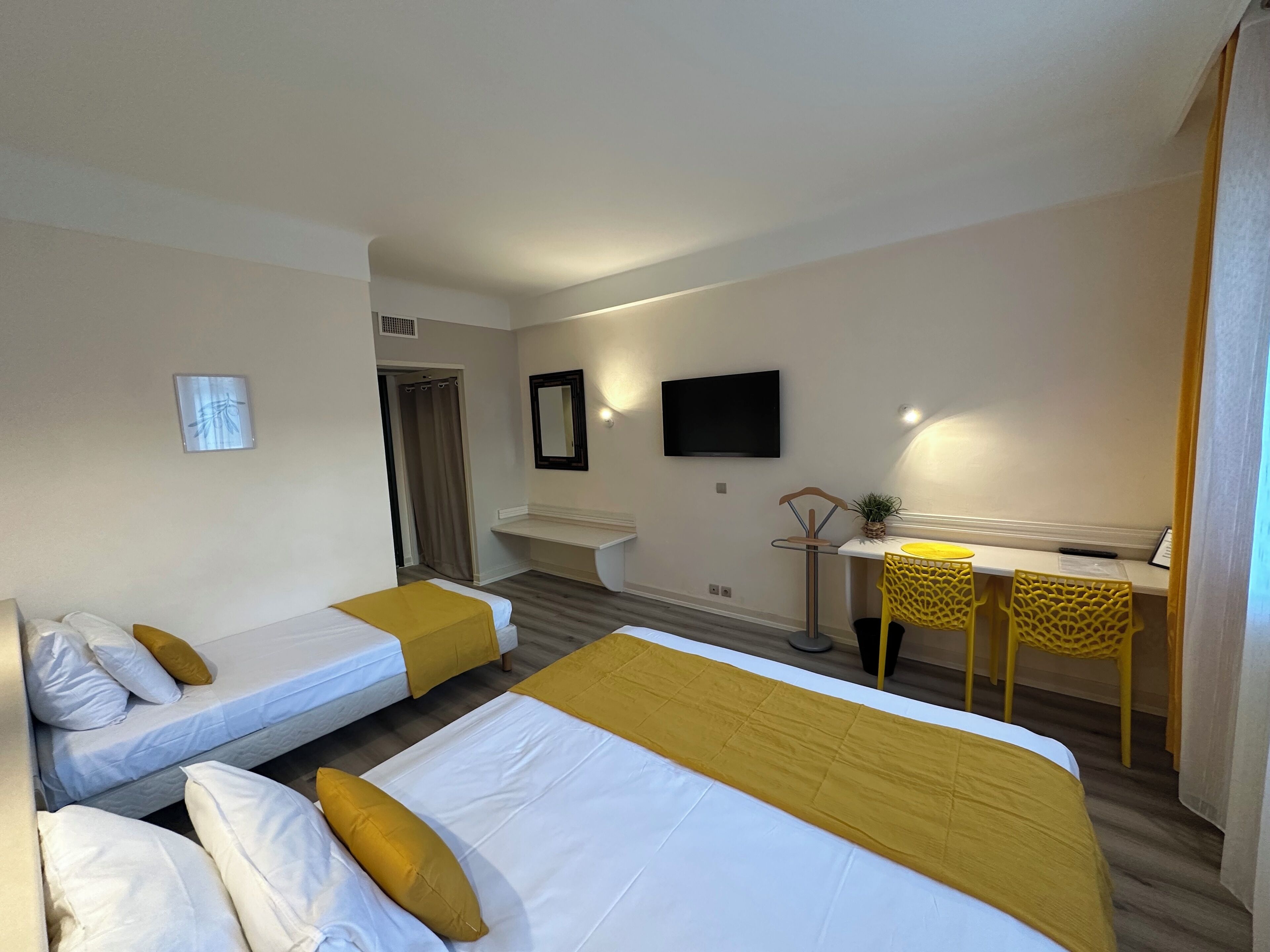 Habitación de hotel con dos camas, un escritorio, una silla, un televisor y una planta pequeña.