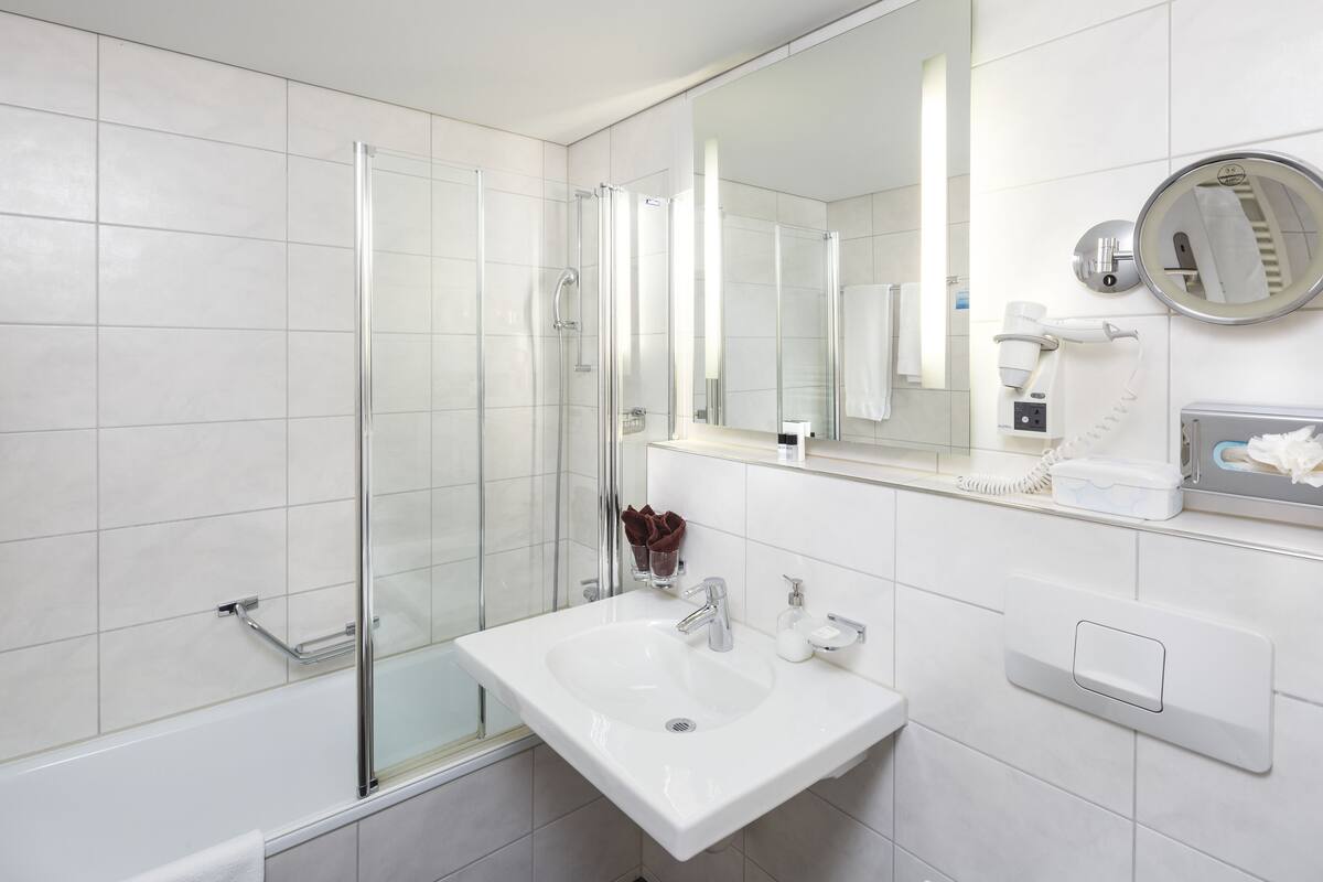 free toiletries, hair dryer, slippers, towels