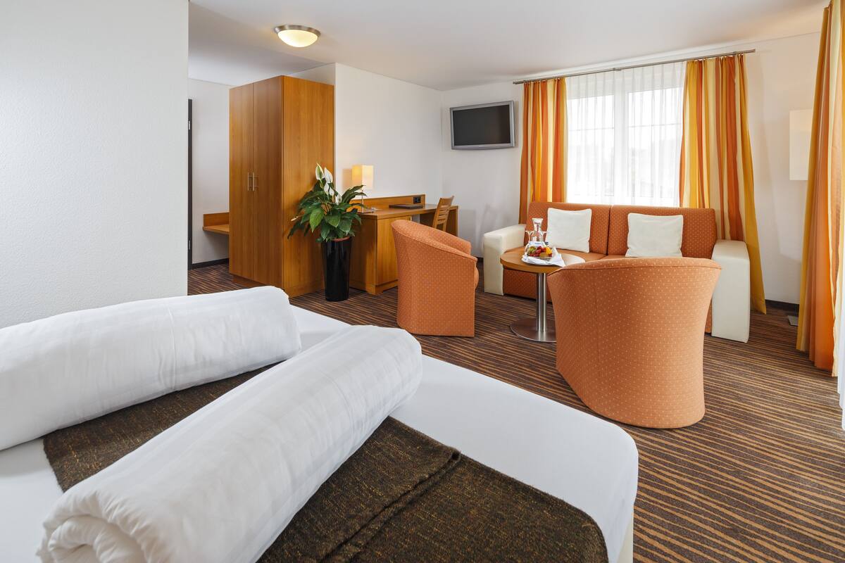 Une chambre d’hôtel avec un lit, un canapé, une petite table avec une plante, un bureau et un téléviseur.