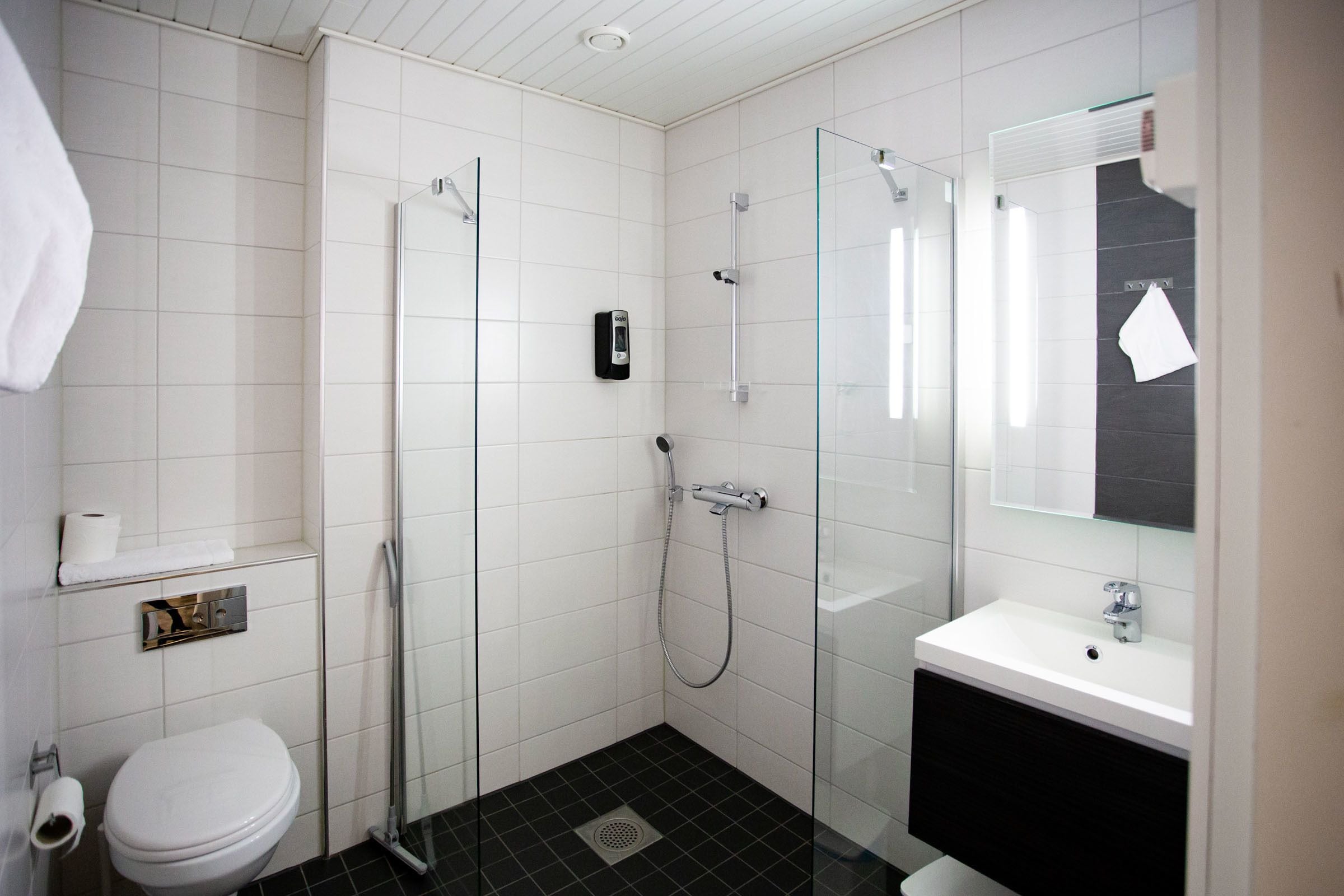 A modern bathroom with a glass-enclosed shower, a white sink, and a toilet.