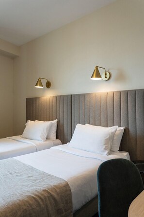 Club Twin Room | Select Comfort beds, desk, laptop workspace, soundproofing