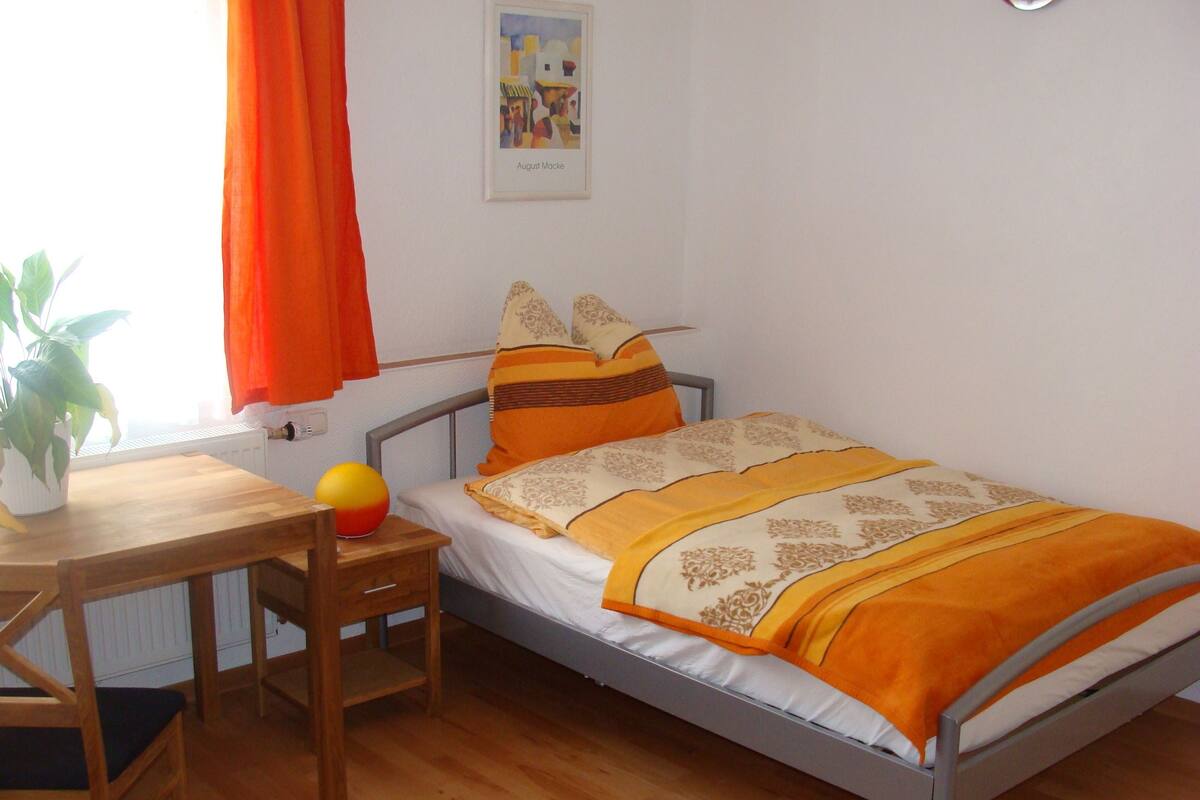 Ein Schlafzimmer mit einem Bett, einem Schreibtisch, einem Stuhl, einer Topfpflanze und einem Bild an der Wand.