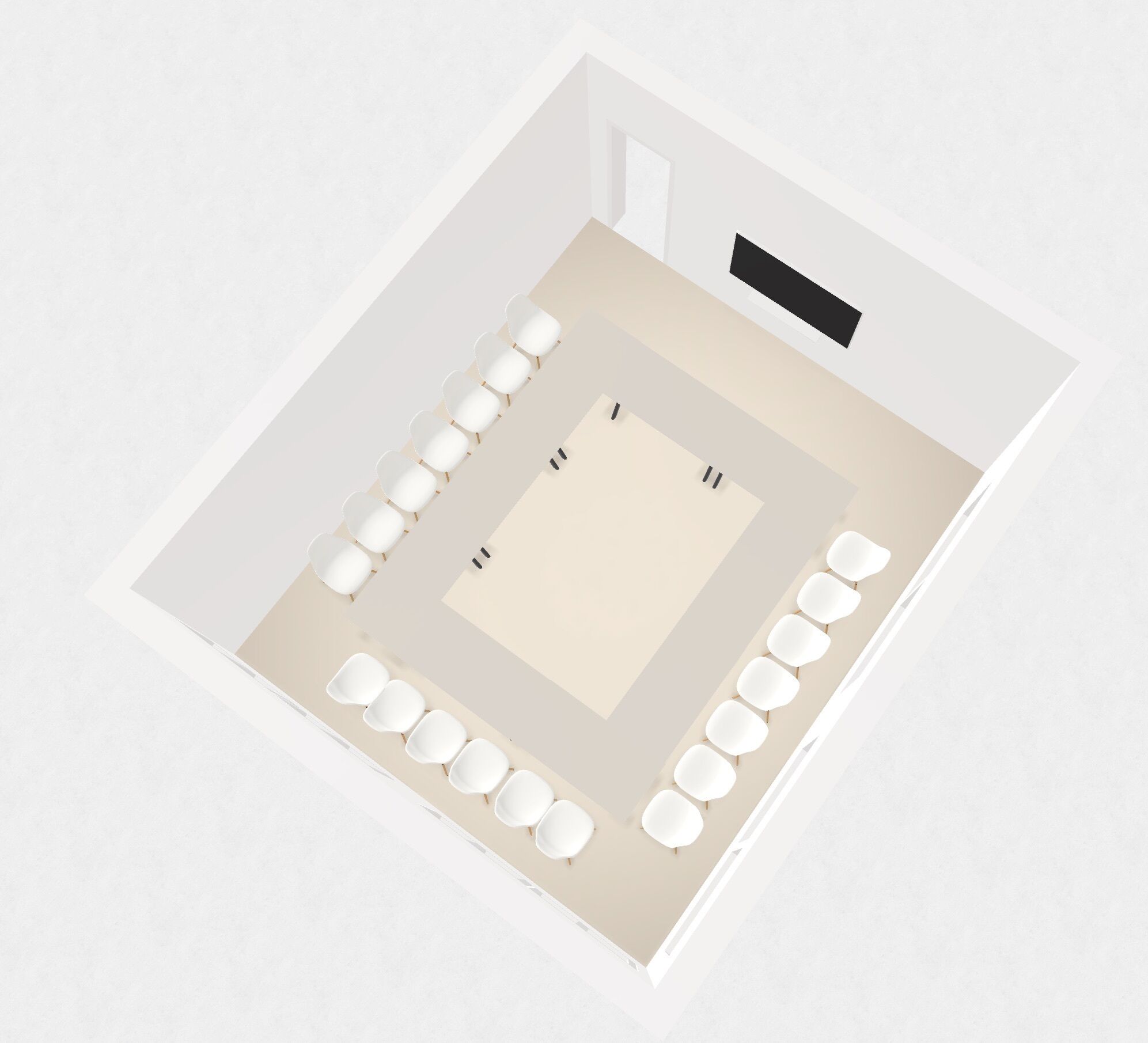 Disposição de quarto com uma mesa quadrada central rodeada por cadeiras, uma mesa quadrada menor e uma porta.
