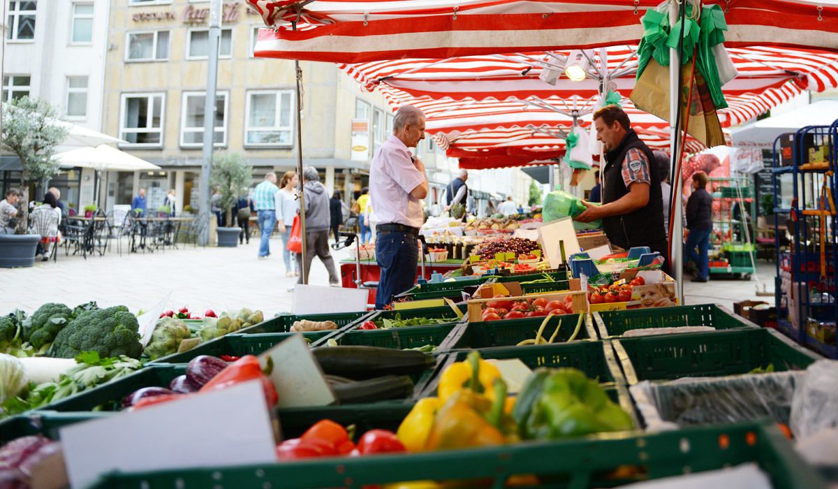 Puesto de mercado con diferentes verduras exhibidas en cajas verdes.