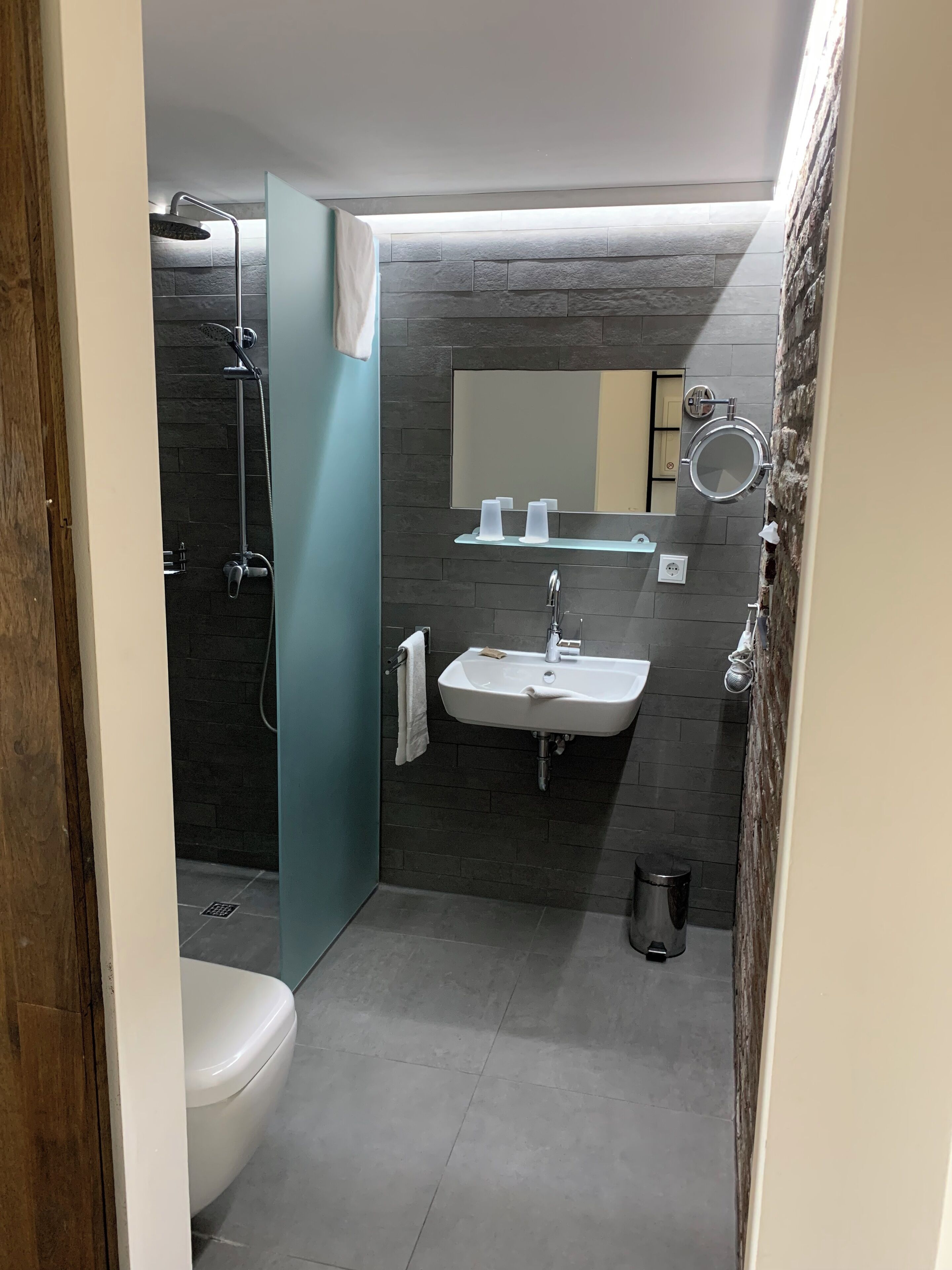A modern bathroom with a shower, toilet, and sink.