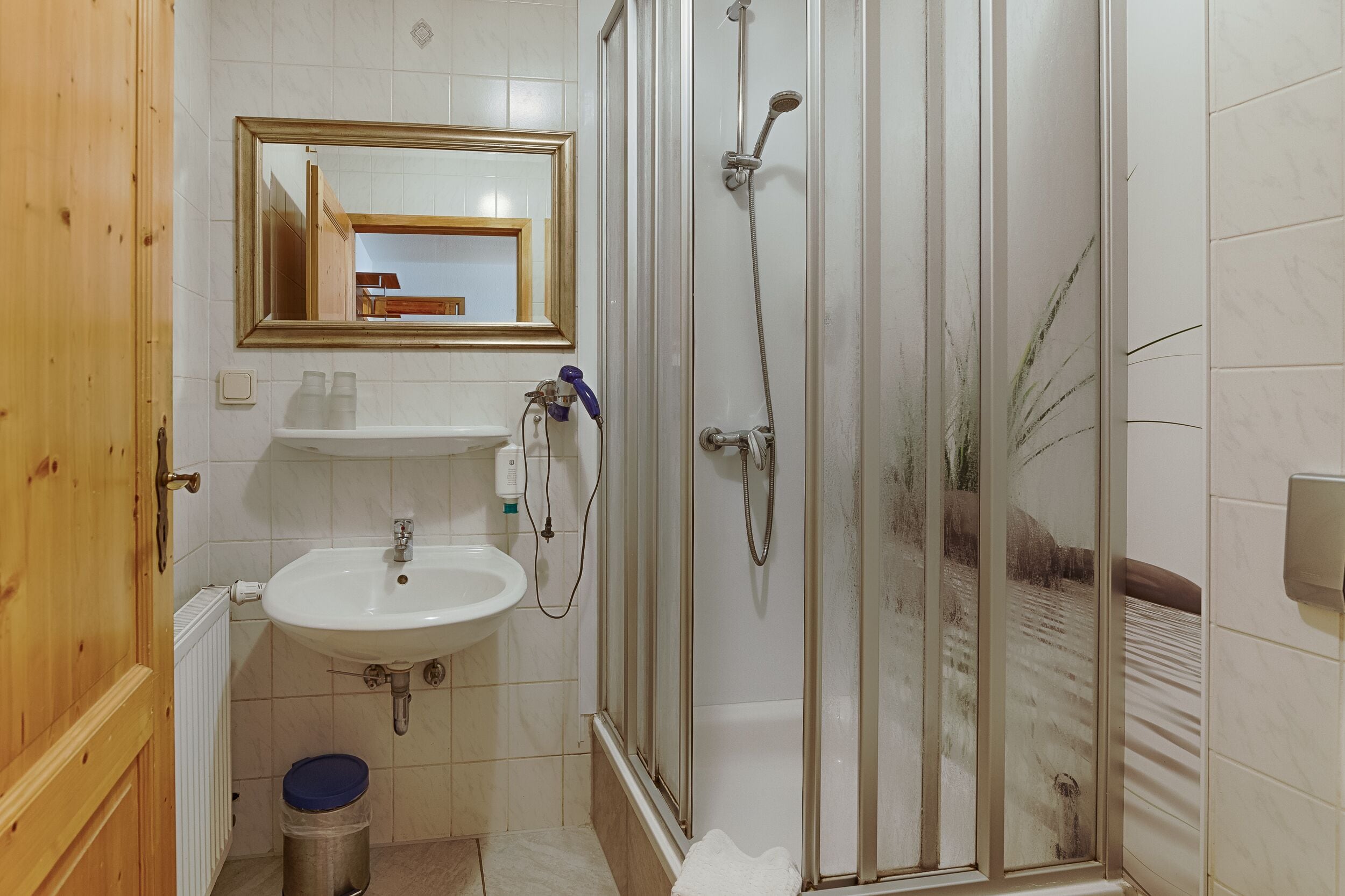 A bathroom with a white sink, mirror, and shower.