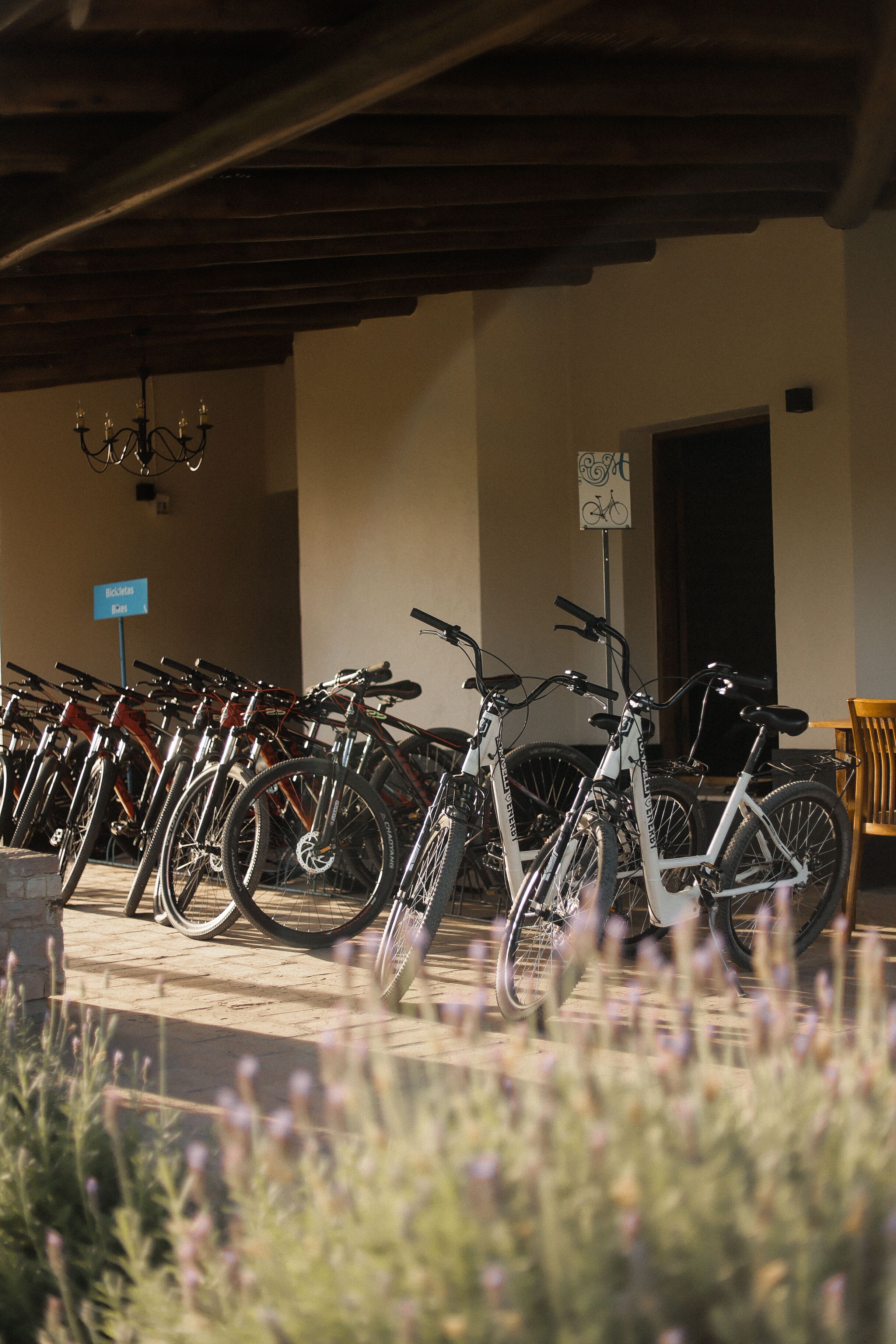 Varias bicicletas estacionadas bajo un techo, con un cartel que indica un aparcamiento para bicicletas.