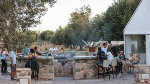 An outdoor patio area with stone seating and a grill. - Algodon Wine Estates and Champions Club (San Rafael)