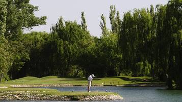 Guests can enjoy a serene lakeside setting with a well-maintained grassy area and a small island perfect for golfing.