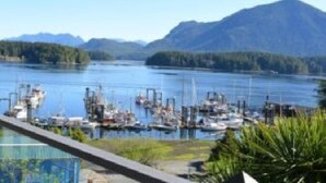A marina with boats docked, surrounded by mountains and greenery. - Tofino Motel Harborview (Tofino)