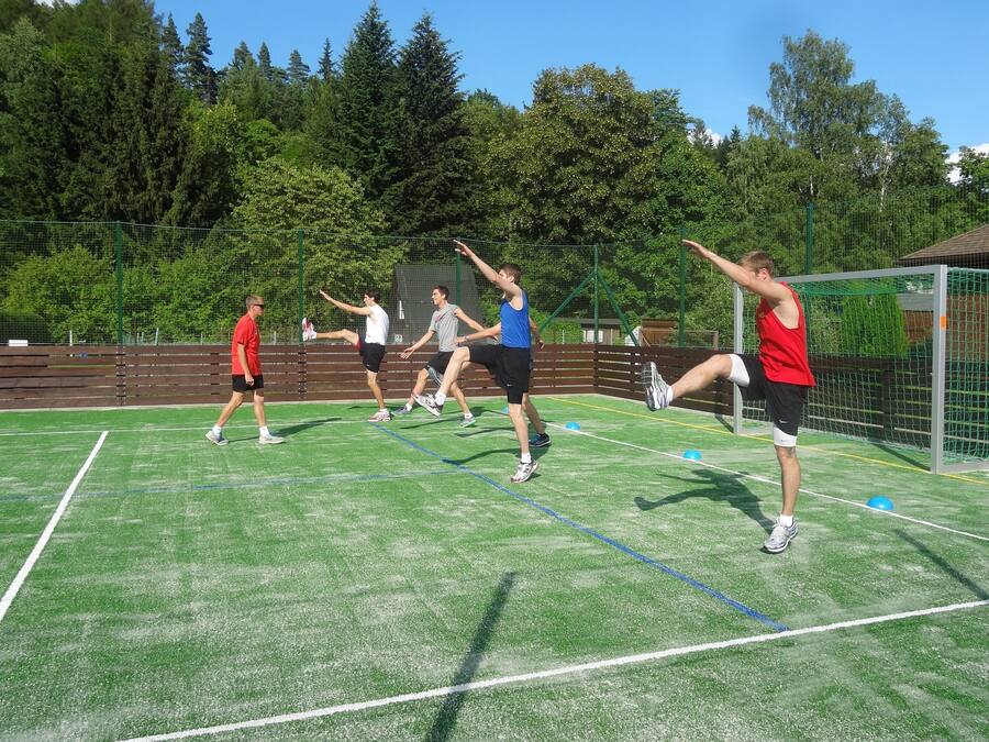 An outdoor sports court with a netted fence, surrounded by trees and a clear sky.