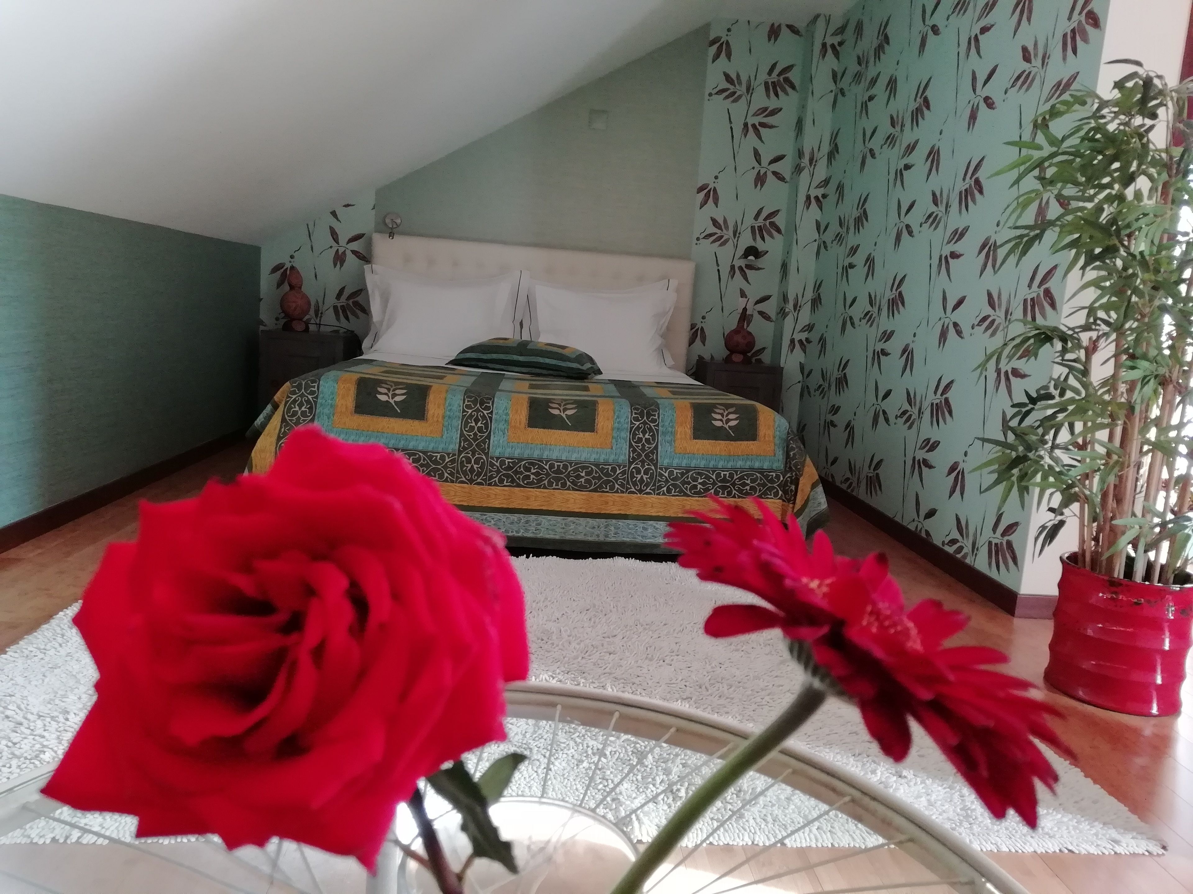 Un dormitorio con una cama, una planta en maceta y una flor roja.