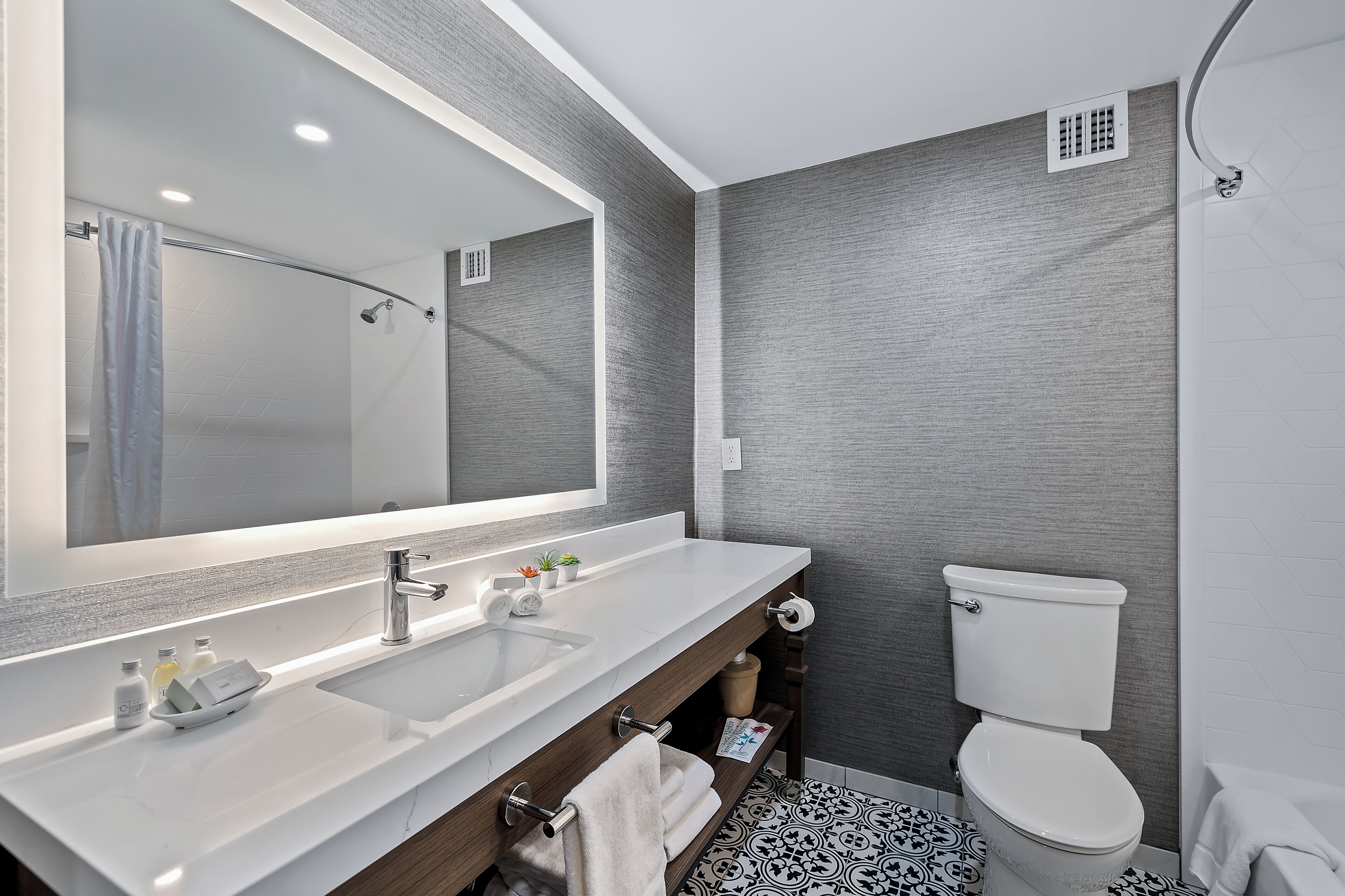 combined shower/bathtub, free toiletries, hair dryer, towels