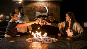 A group of people toasting with drinks around a table with a fire feature. - Freebird Motor Lodge by Reverie Boutique Collection (West Yarmouth)