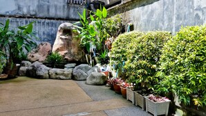 Un jardín con diversas plantas, rocas y una estructura de hormigón.