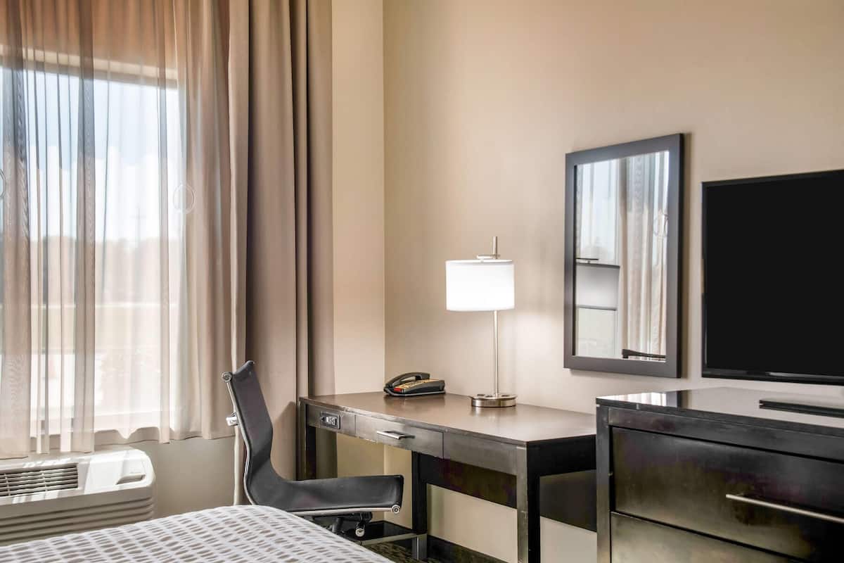 Ein Hotelzimmer mit Bett, Schreibtisch, Stuhl, Lampe, Telefon, Fernseher und Spiegel.
