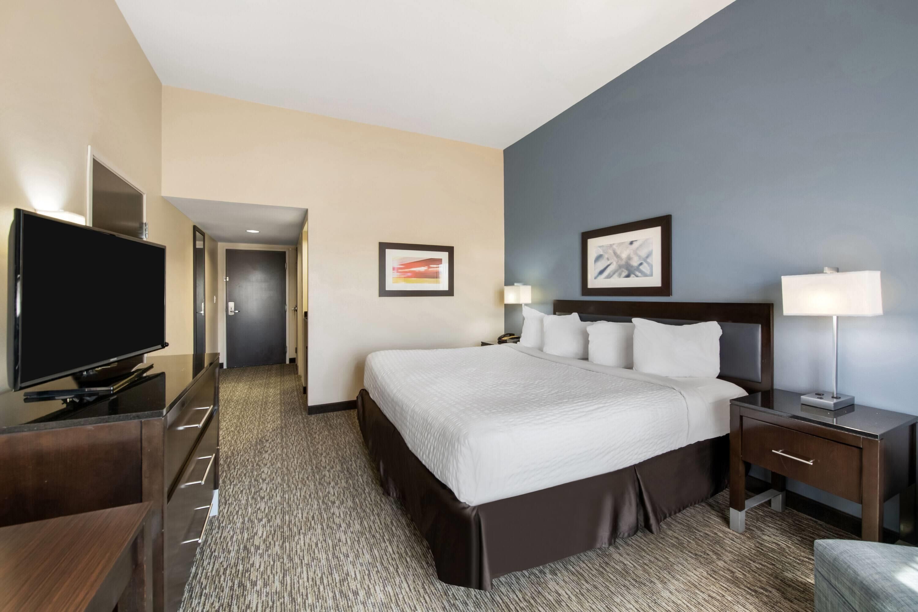 A hotel room with a large bed, a TV, a desk with a lamp, and a framed picture on the wall.