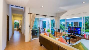 LED TV, DVD player, pay movies