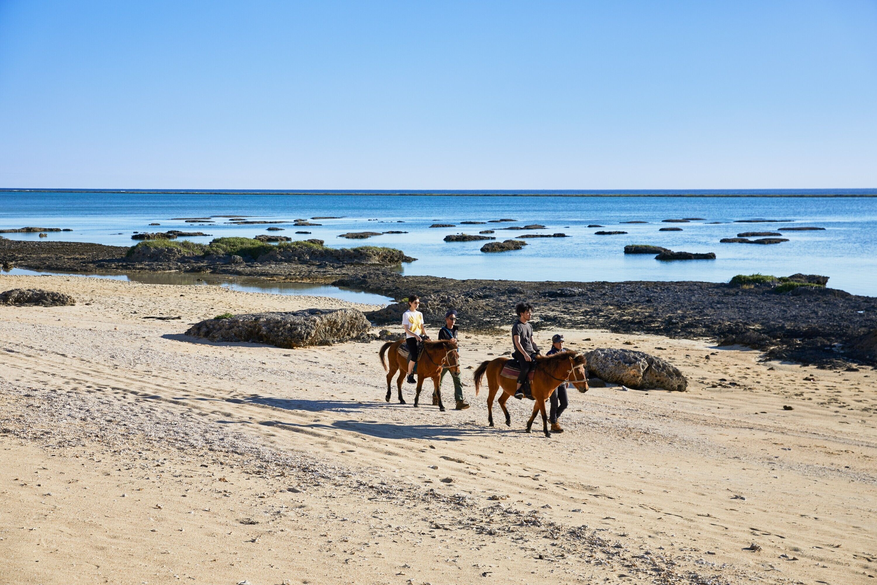 A beach with horses and riders.