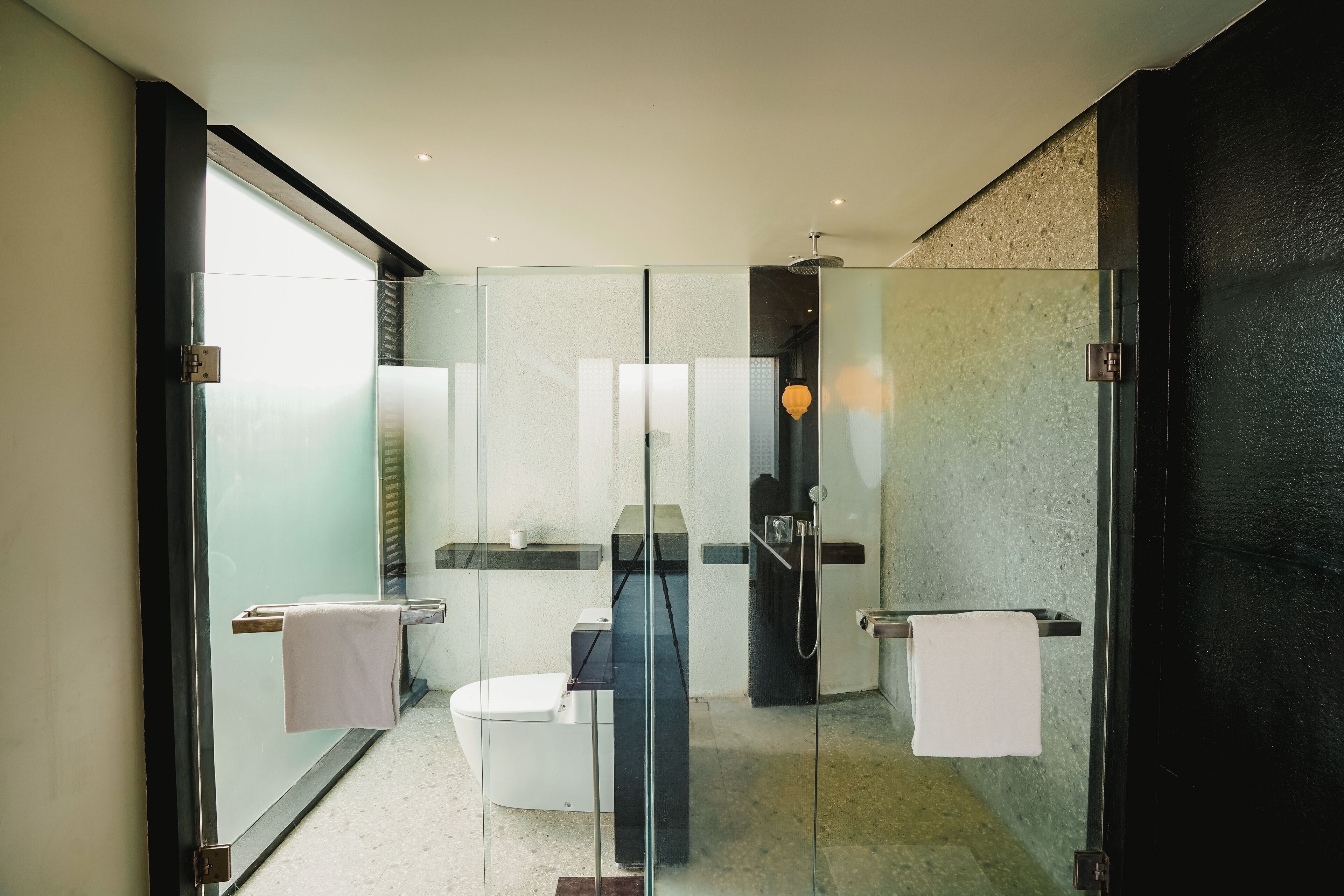 A modern bathroom with a glass shower enclosure, a toilet, and a sink with a towel rack.