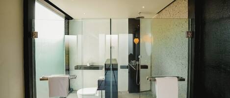 A modern bathroom with a glass shower enclosure, a toilet, and a sink with a towel rack.