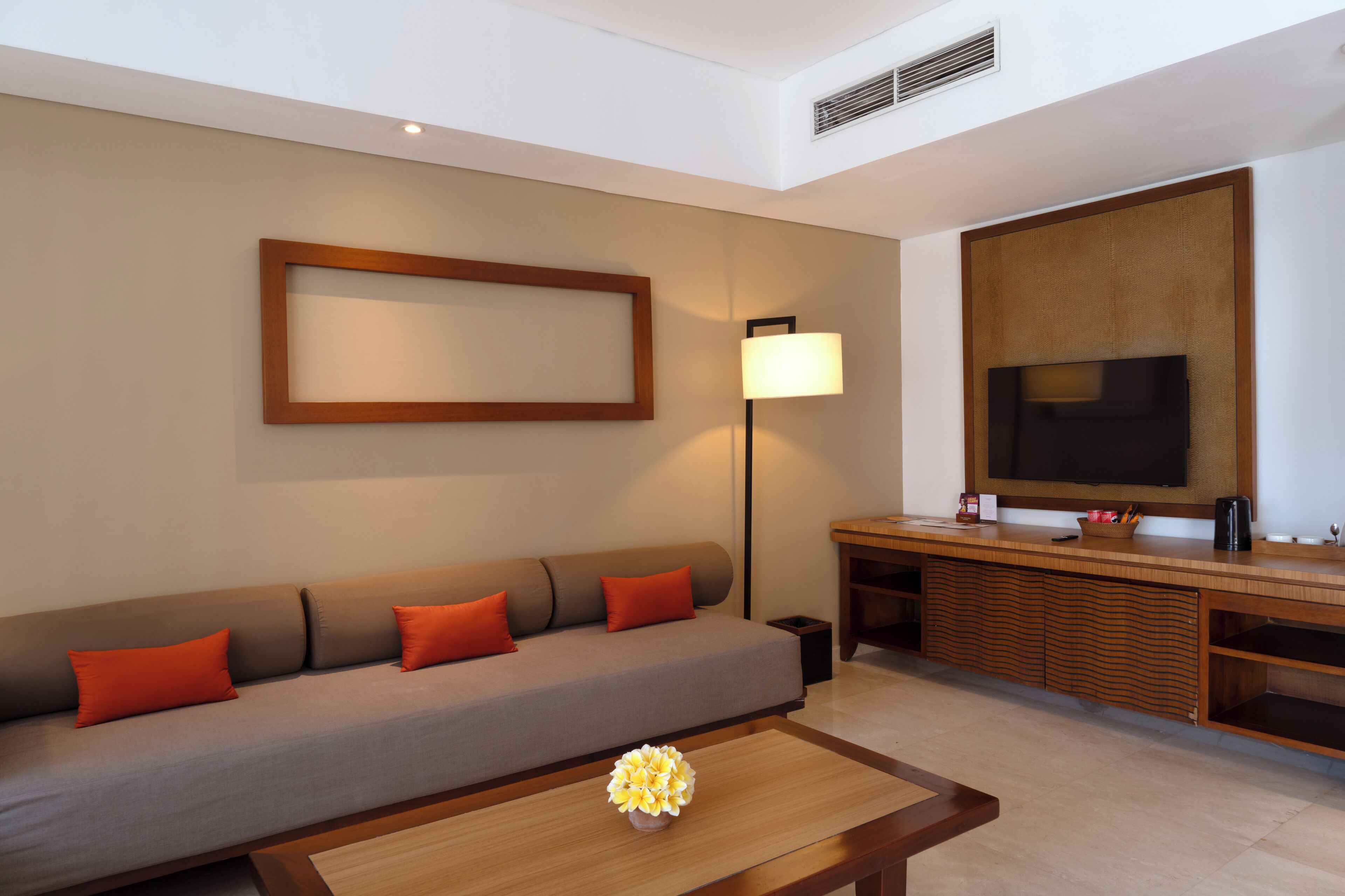 A modern living room with a sofa, a coffee table, a lamp, a TV, and a wooden cabinet.