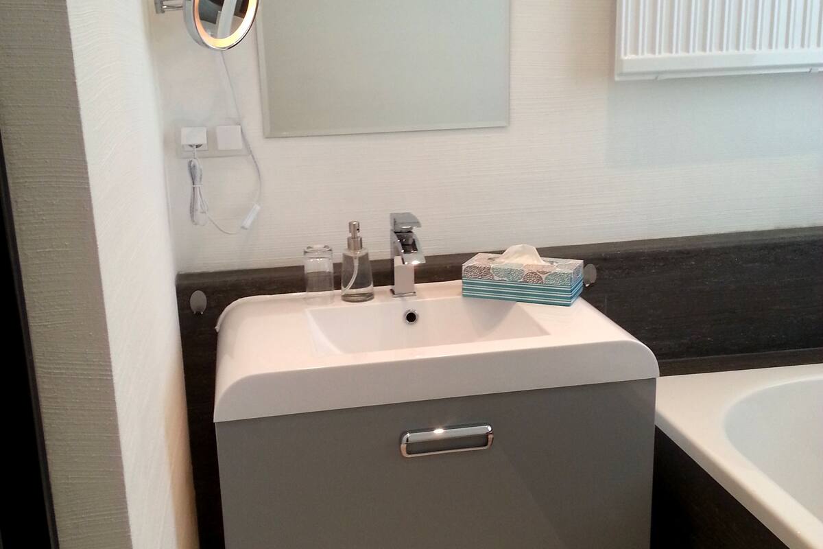 deluxe single room | bathroom | shower, rainfall showerhead, hair dryer, towels